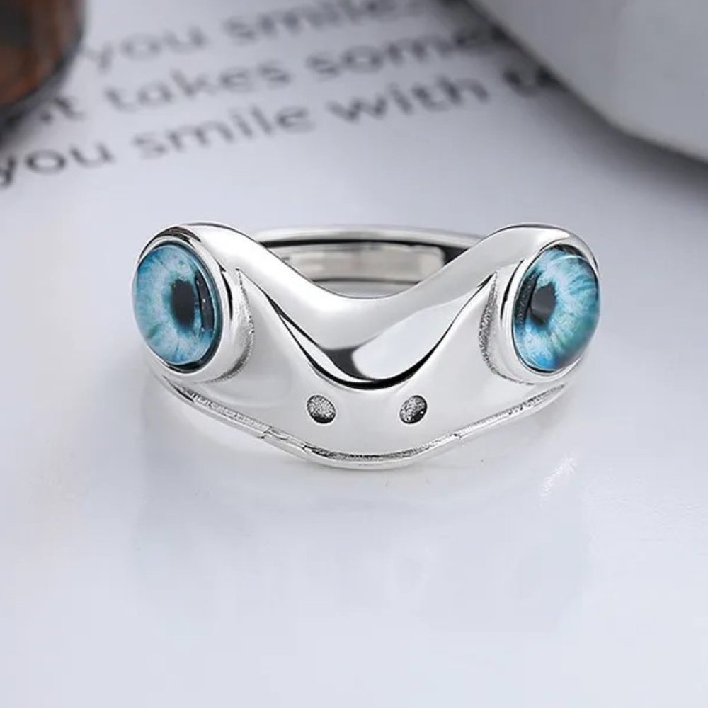 Cute Frog‎ Blue Eye Silver Ring, Adjustable Size, Toad, Fun